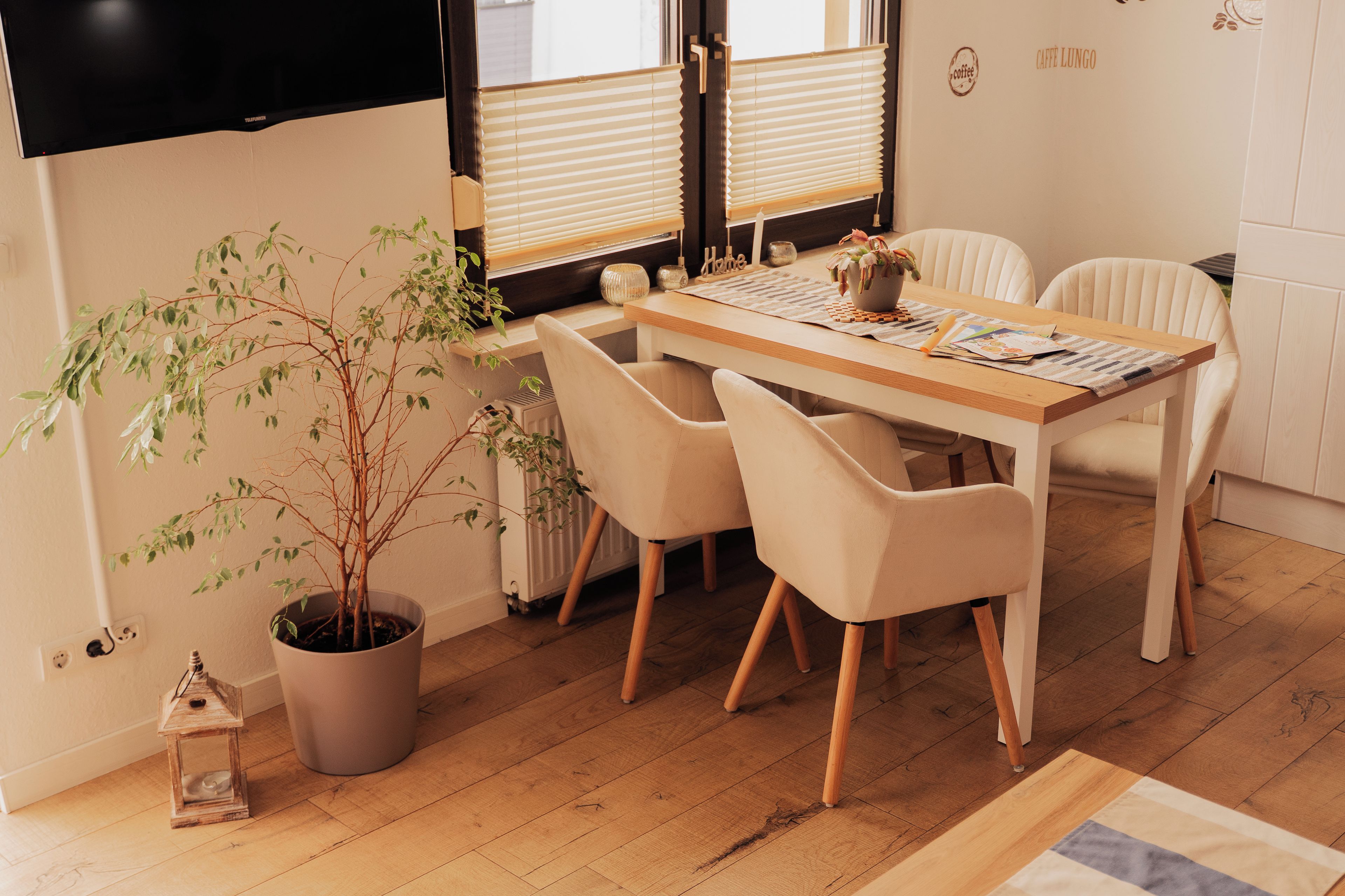A dining area with a wooden table, four chairs, a potted plant, and a window with blinds.