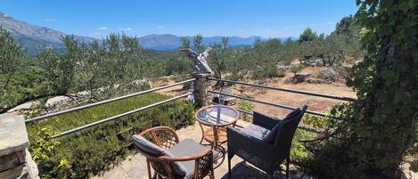 Una terraza con mobiliario de mimbre y una mesa, con vistas a un paisaje montañoso.