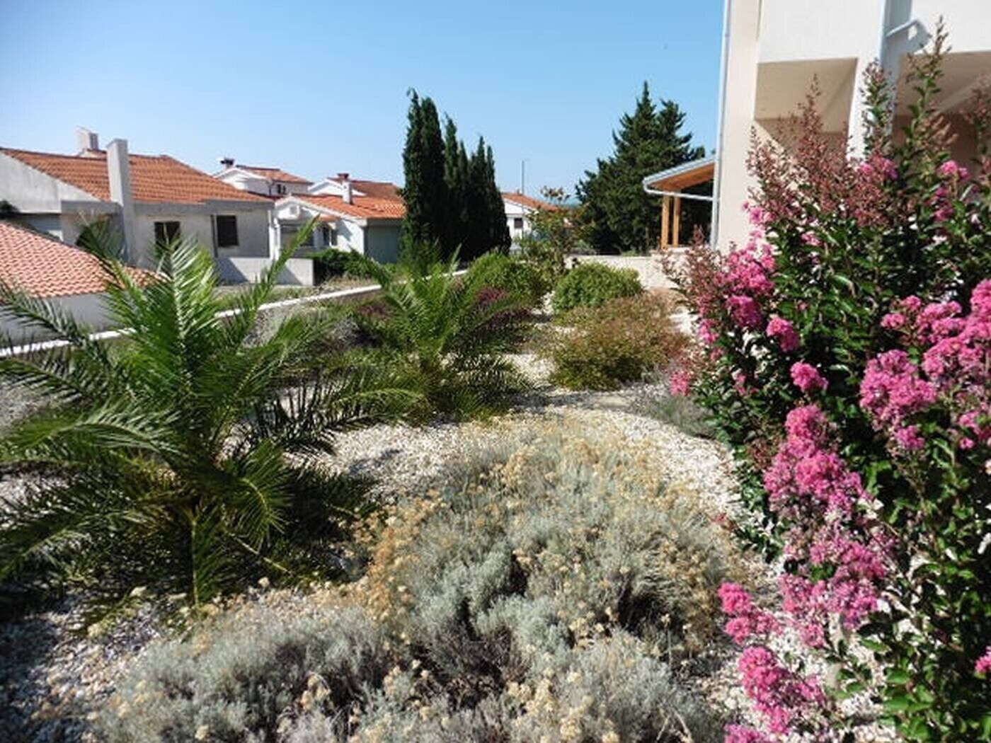 A residential area with houses, a garden with various plants, and a building with a red-tiled roof.