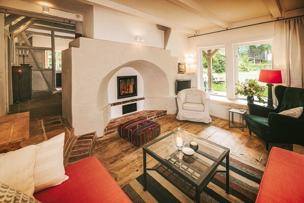 TV, fireplace, books, stereo