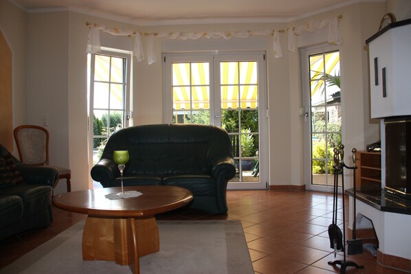 TV connectée, cheminée, lecteur de DVD, livres