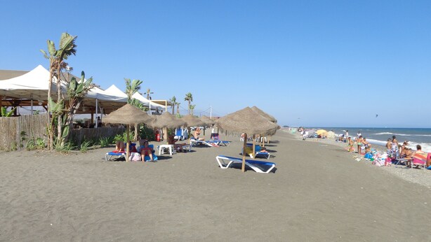 A beach with thatched-roof huts, sun loungers, and palm trees. - Rustic apartment in the Andalusian village of Cajiz (Cajiz)