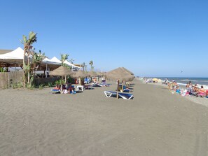 Una playa con cabañas de techo de paja, tumbonas y palmeras.