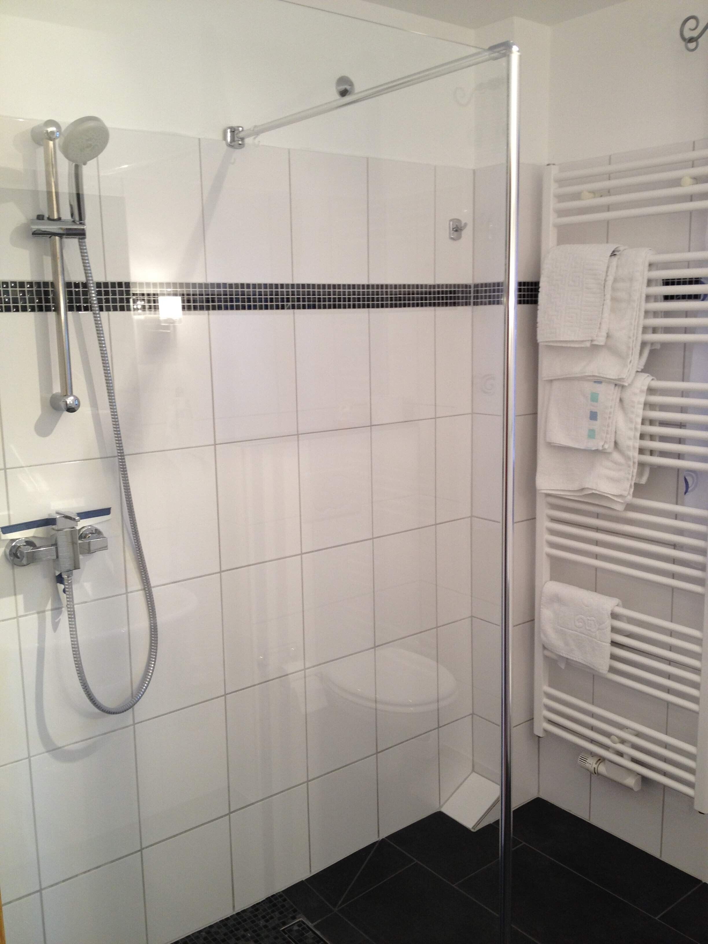 Dusche, Haartrockner, Handtücher, Seife