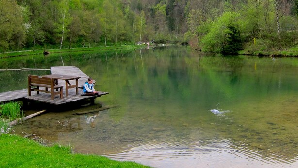 Un molo di legno che si protende in un lago tranquillo, circondato da una vegetazione rigogliosa e montagne.