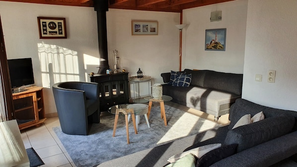 TV, fireplace, books, stereo