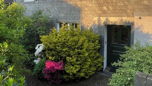 A two-story house with a brick exterior, a front door, and a small window.