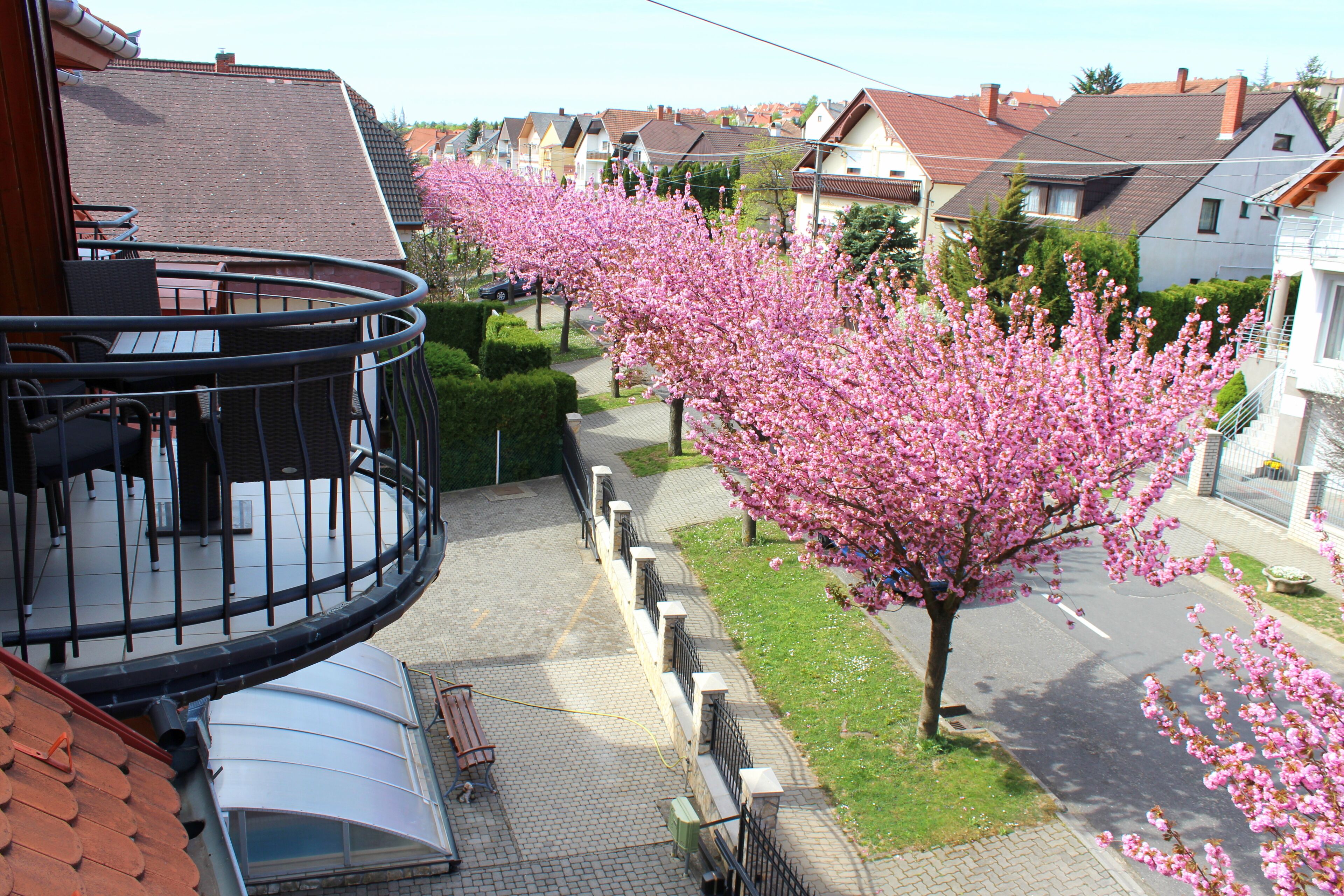 A residential area with a balcony, a paved driveway, and a row of houses.