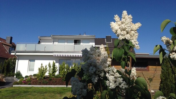 A modern two-story house with a flat roof, surrounded by a well-maintained garden with white flowering plants. - Haus Lena - Holiday near the Baltic Sea including free Wi-Fi (V-DSL) (Pansdorf)
