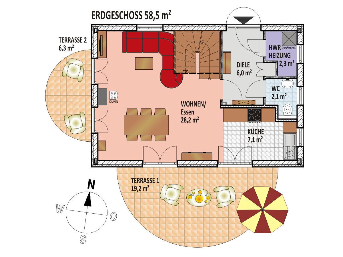 Plano de planta de un hotel que muestra dos terrazas, zona de estar, cocina, inodoro y una sauna.