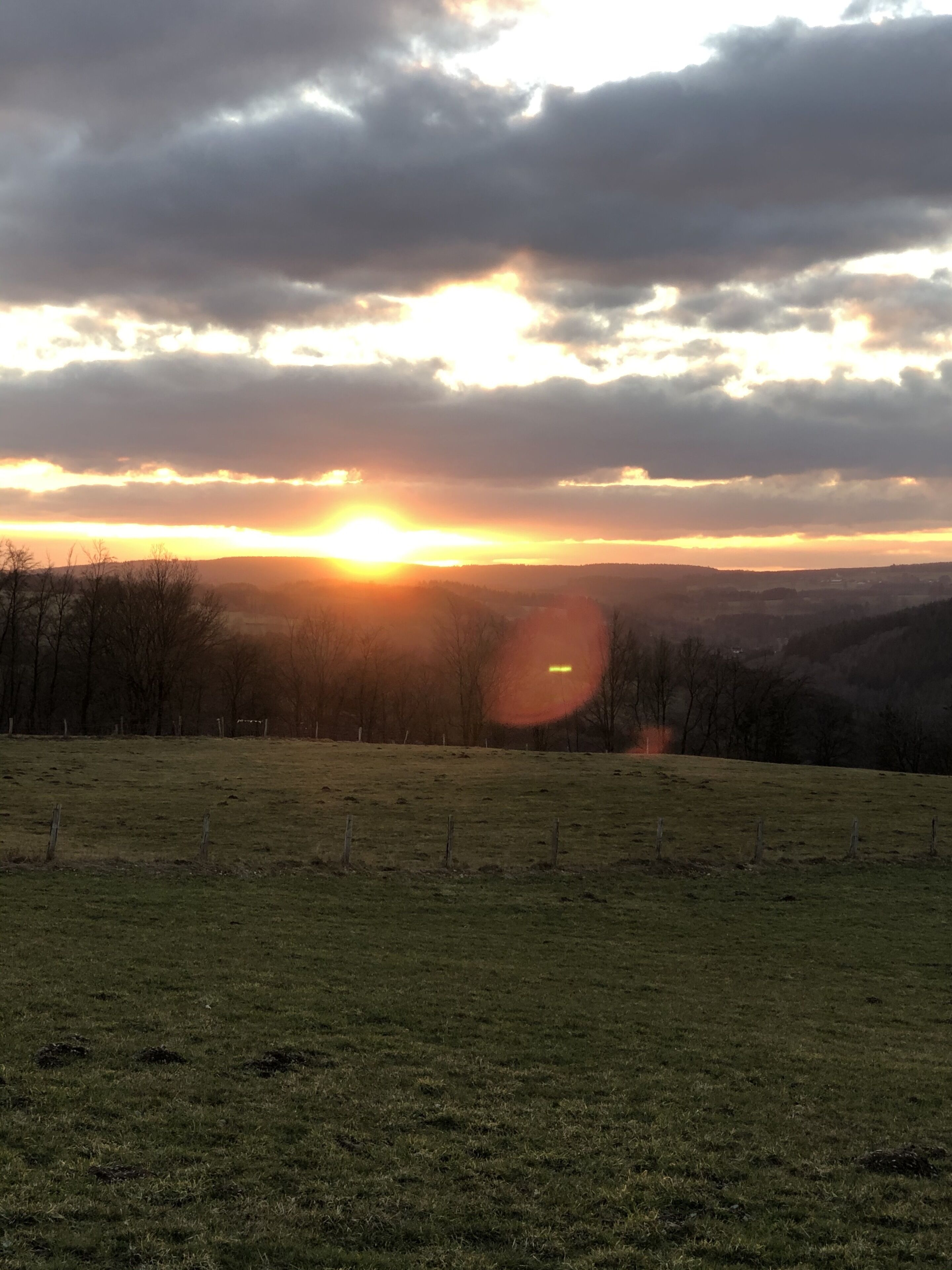 Un champ herbeux avec une clôture au premier plan et un coucher de soleil en arrière-plan.