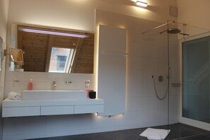Combined shower/tub, hair dryer, soap, shampoo