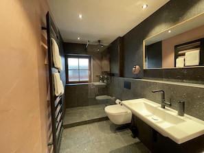 Bathtub, hair dryer, towels, soap