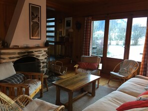 Télévision, cheminée, lecteur de DVD, livres
