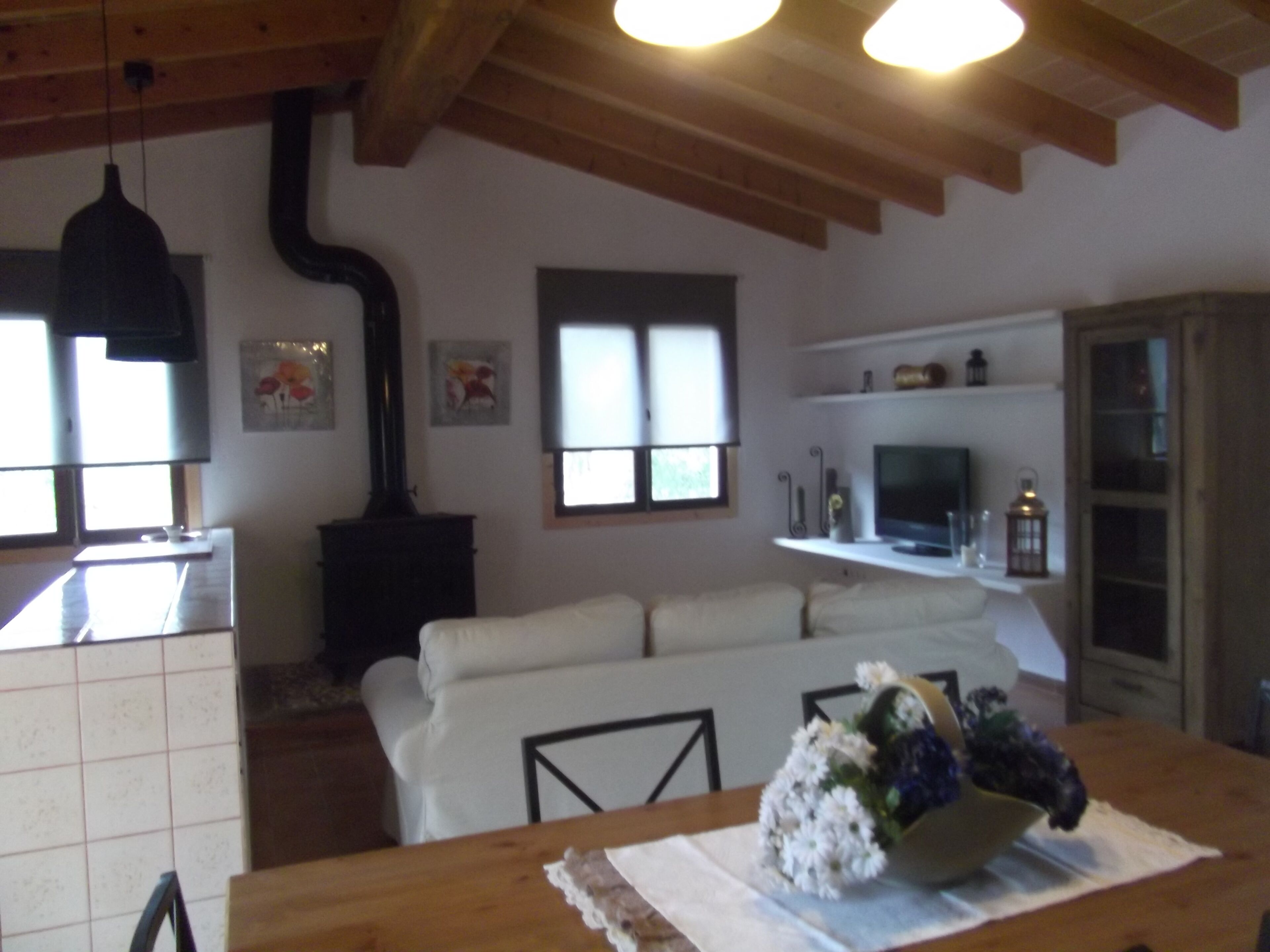 A cozy living room with a fireplace, a sofa, a dining table with a vase of flowers, and a TV on a shelf.