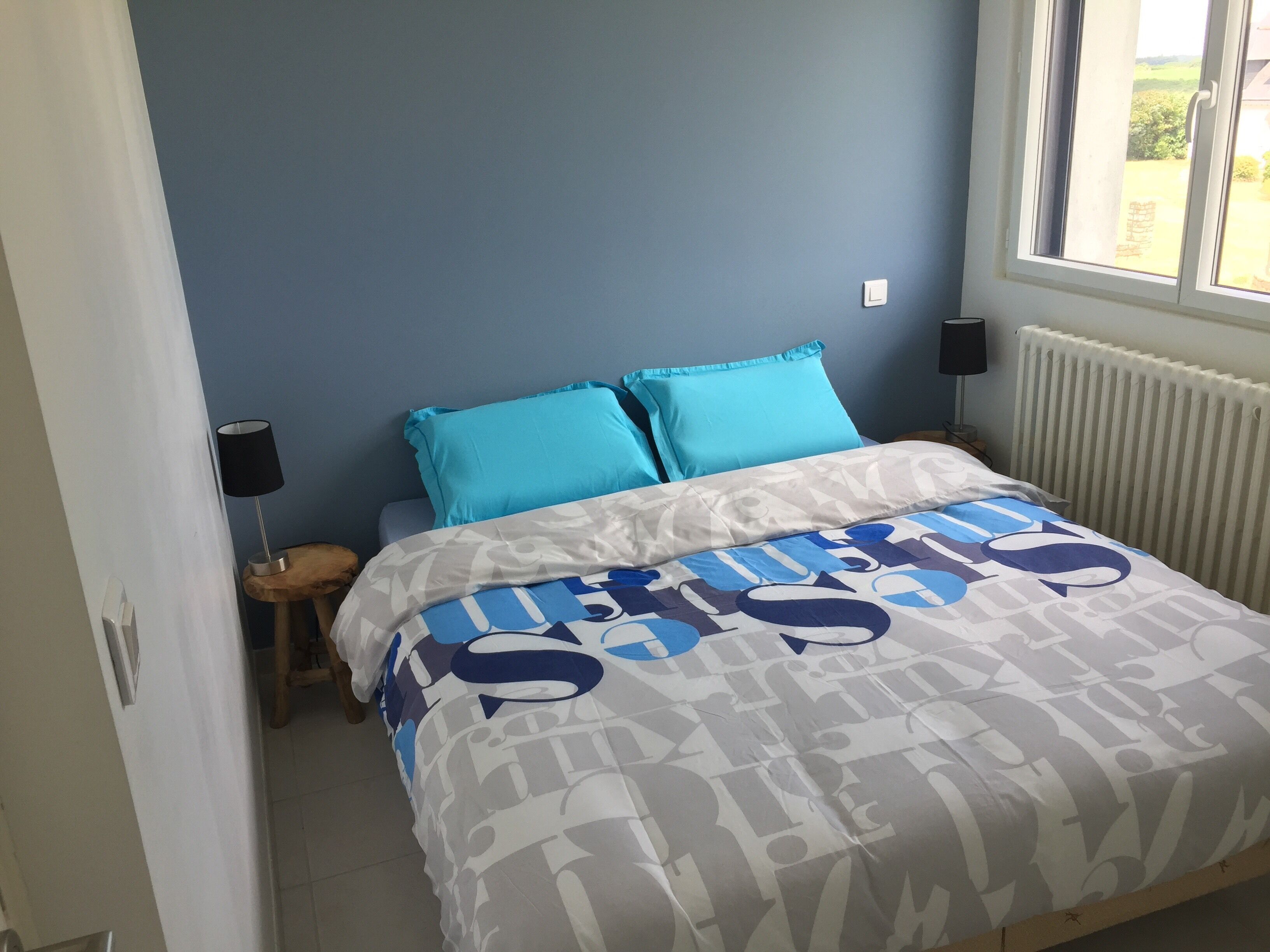 Une chambre à coucher avec un lit, des oreillers bleus, une couvre-lit à motifs, une table de chevet avec une lampe et une fenêtre donnant sur un paysage verdoyant.