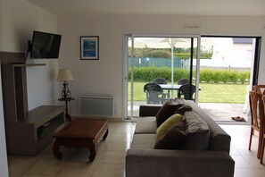 TV, DVD player, books, video library