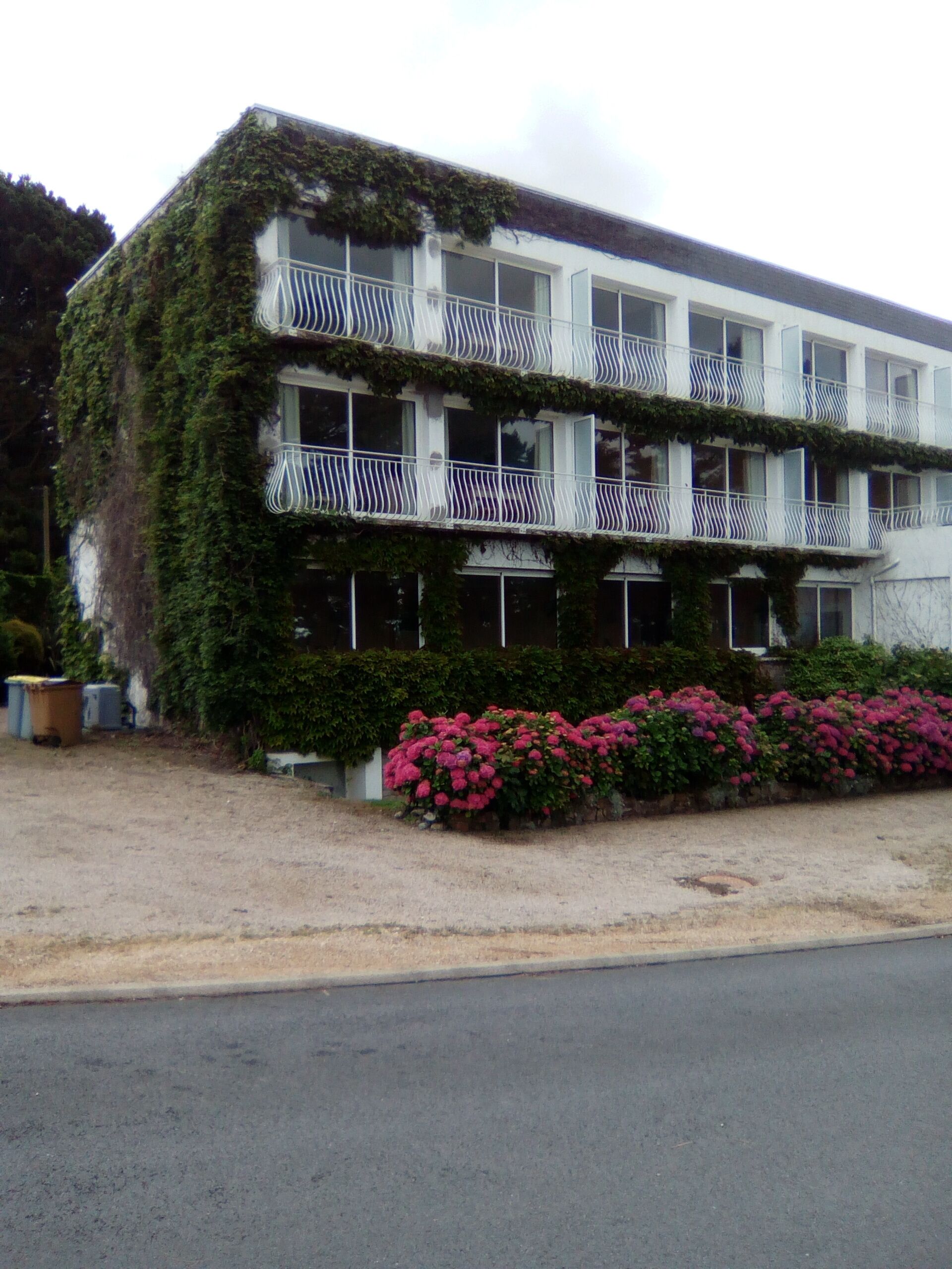 A multi-story building with balconies covered in ivy.