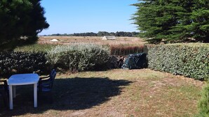 Een gazon met een witte tafel en stoelen, omringd door dichte struiken en bomen.