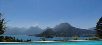 POOLTALLORIER UNDANTAGSBESKRIVNING AV LAKE ANNECY och berg 