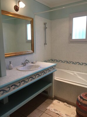 Bathtub, hair dryer, toilet paper