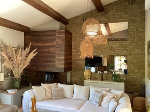 TV, fireplace, books