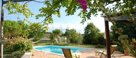 Un patio trasero con piscina, dos sillas de descanso y una pérgola cubierta de plantas trepadoras.