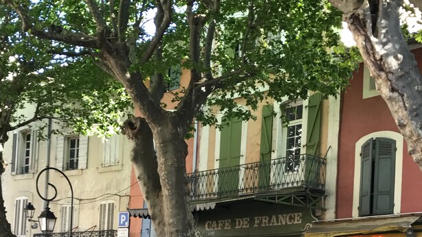 Un café con terraza, un árbol en primer plano y un edificio con balcón al fondo.