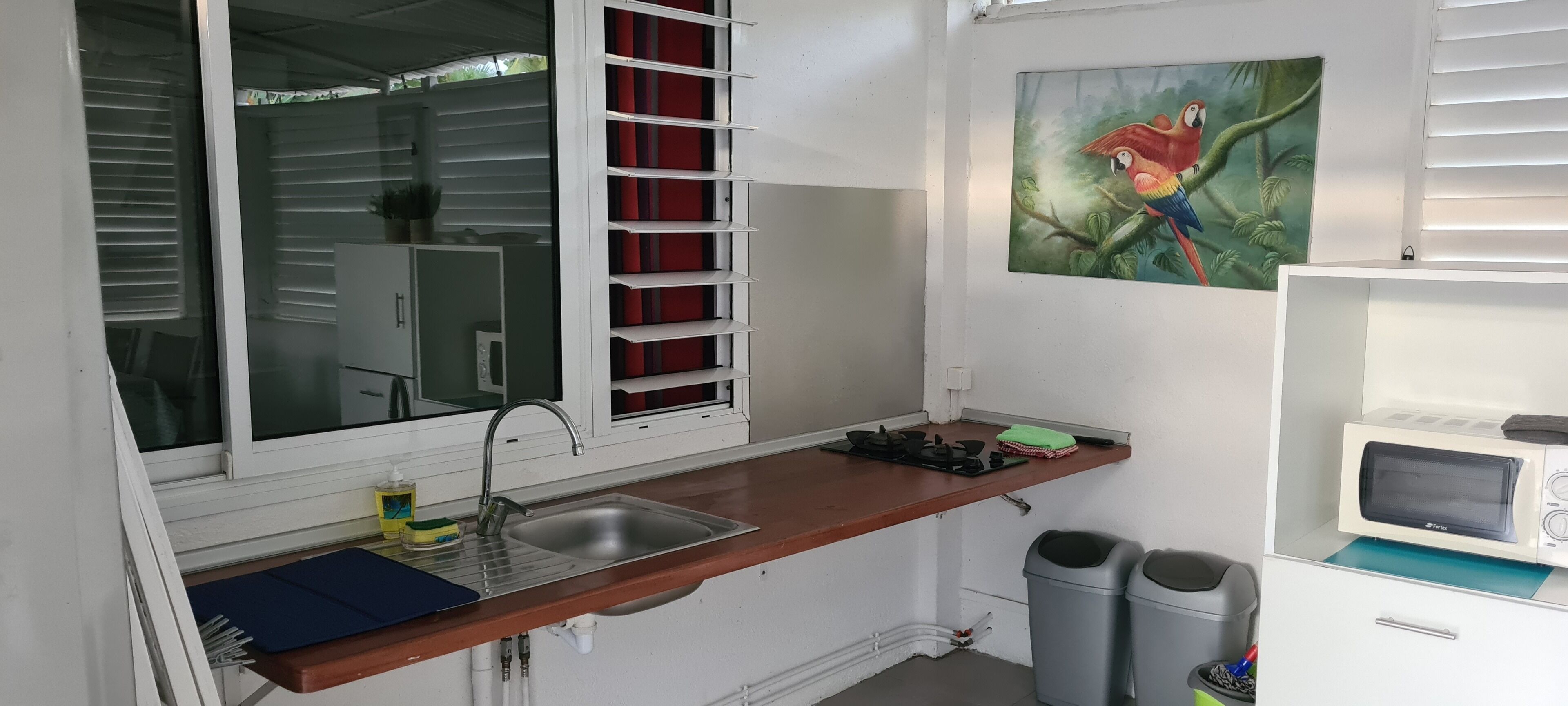 A compact kitchen with a sink, a microwave, and a small countertop.