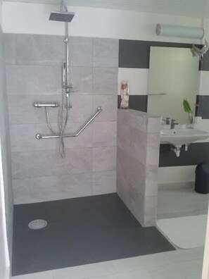 Shower, hair dryer, towels, toilet paper