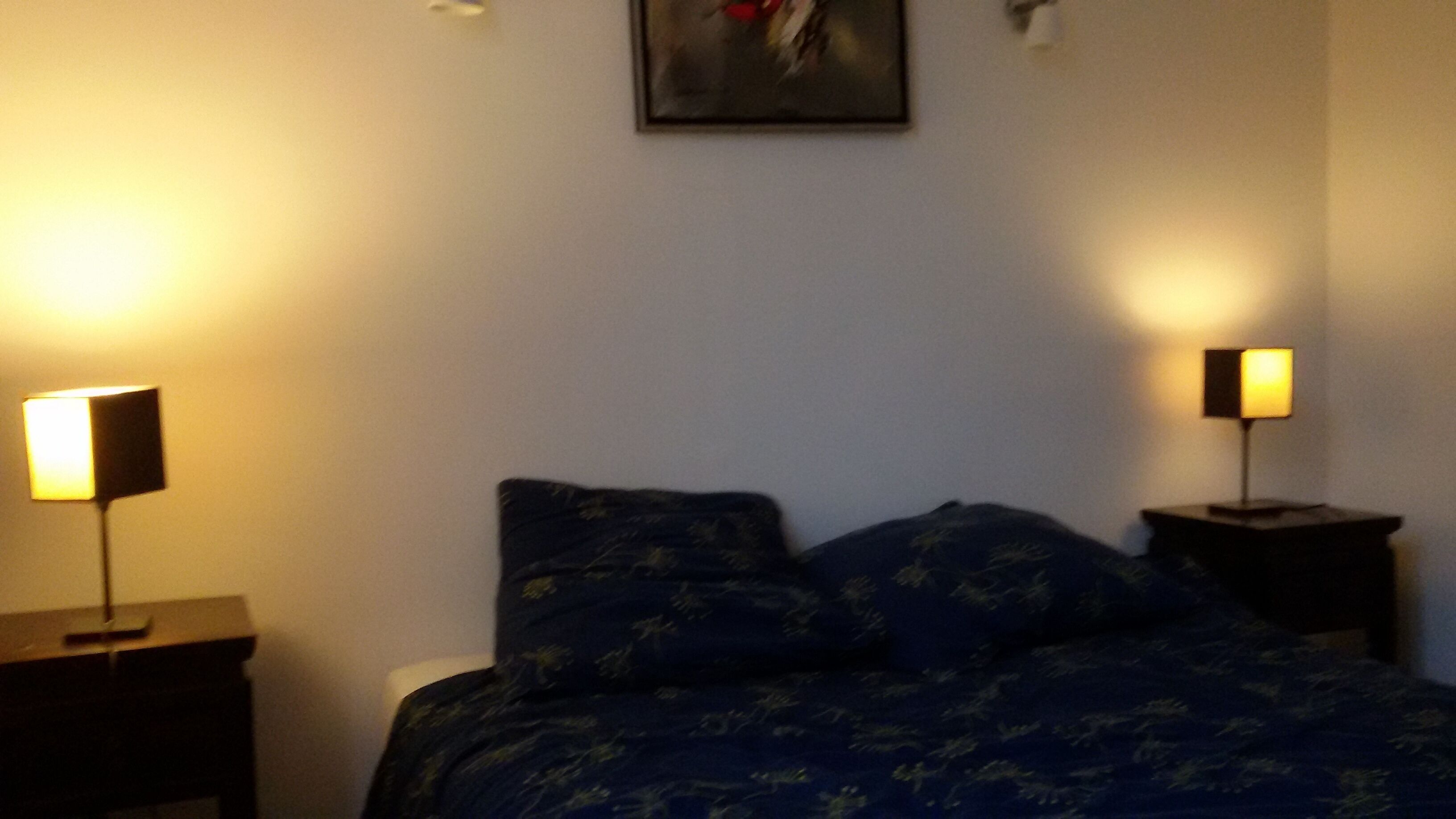 Une chambre à coucher avec un lit, deux tables de chevet et deux lampes.