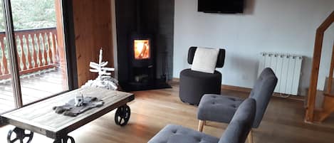 TV, fireplace, books, offices