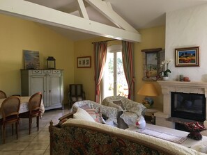 TV connectée, cheminée, lecteur de DVD, livres