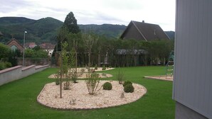 A residential garden with a lawn, a circular gravel area with small bushes, and a tall coniferous tree. - Modern gîte in Alsace (Lutzelhouse)