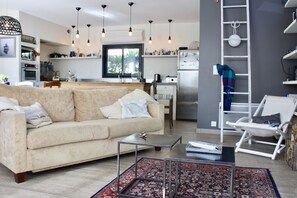 TV, fireplace, books, music library