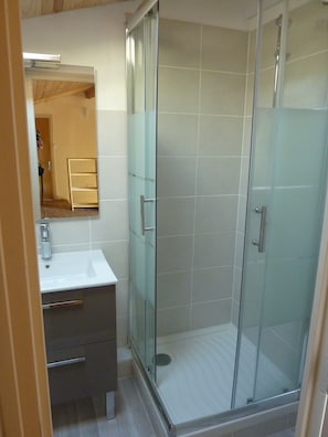 Combined shower/tub, hair dryer