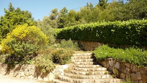A stone staircase leading up a hill, surrounded by lush greenery and trees. - In Tourettes-sur-Loup, charming gite with infinity pool (Tourrettes-Sur-Loup)