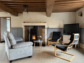 Télévision à écran plat, livres, vidéothèque