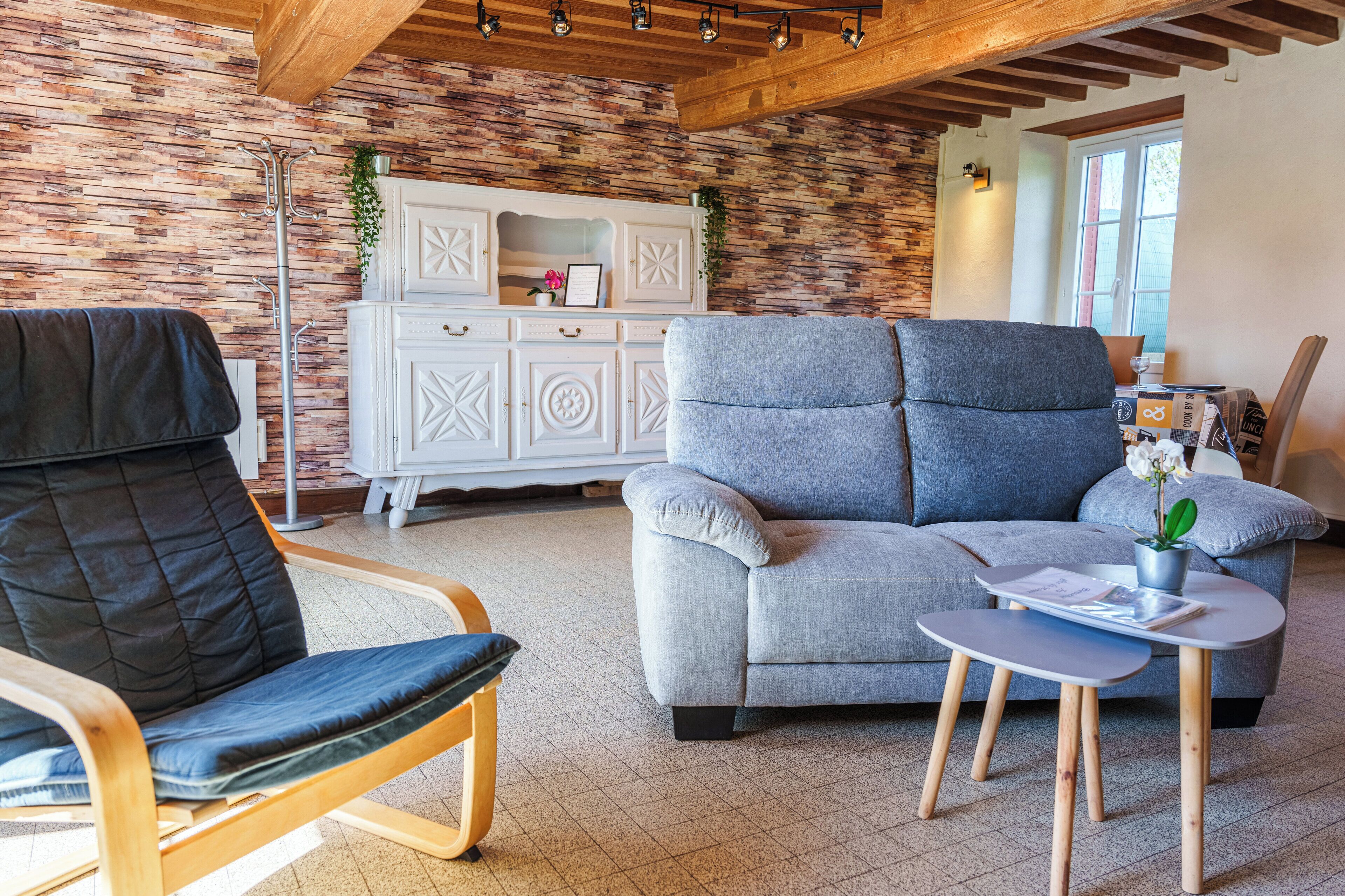 Flat-screen TV, books, video library