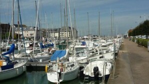 A marina with numerous boats docked in a row, a concrete walkway alongside, and buildings in the background.