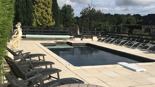 A pool area with lounge chairs, a wooden table, and a statue.