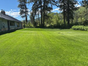 A well-maintained grassy lawn with a house in the background.