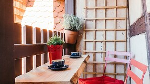 Ein kleiner Außenbereich mit Holztisch, rot gepolsterten Stühlen und einem Blumentopf.