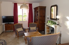 Smart TV, fireplace, books, music library