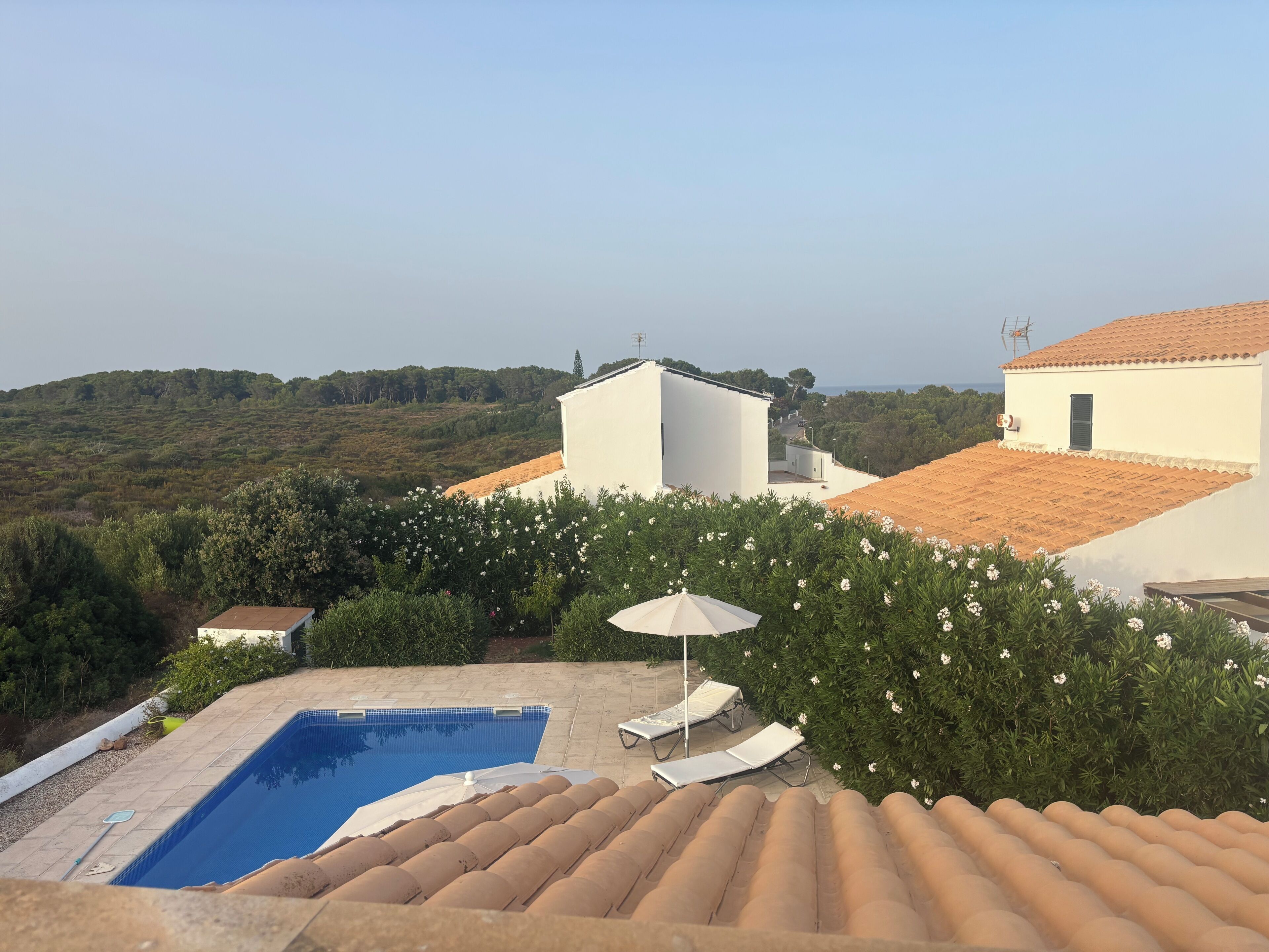 Ein Pool mit Liegestühlen und Sonnenschirm, umgeben von Grünflächen und Gebäuden mit Ziegeldächern.
