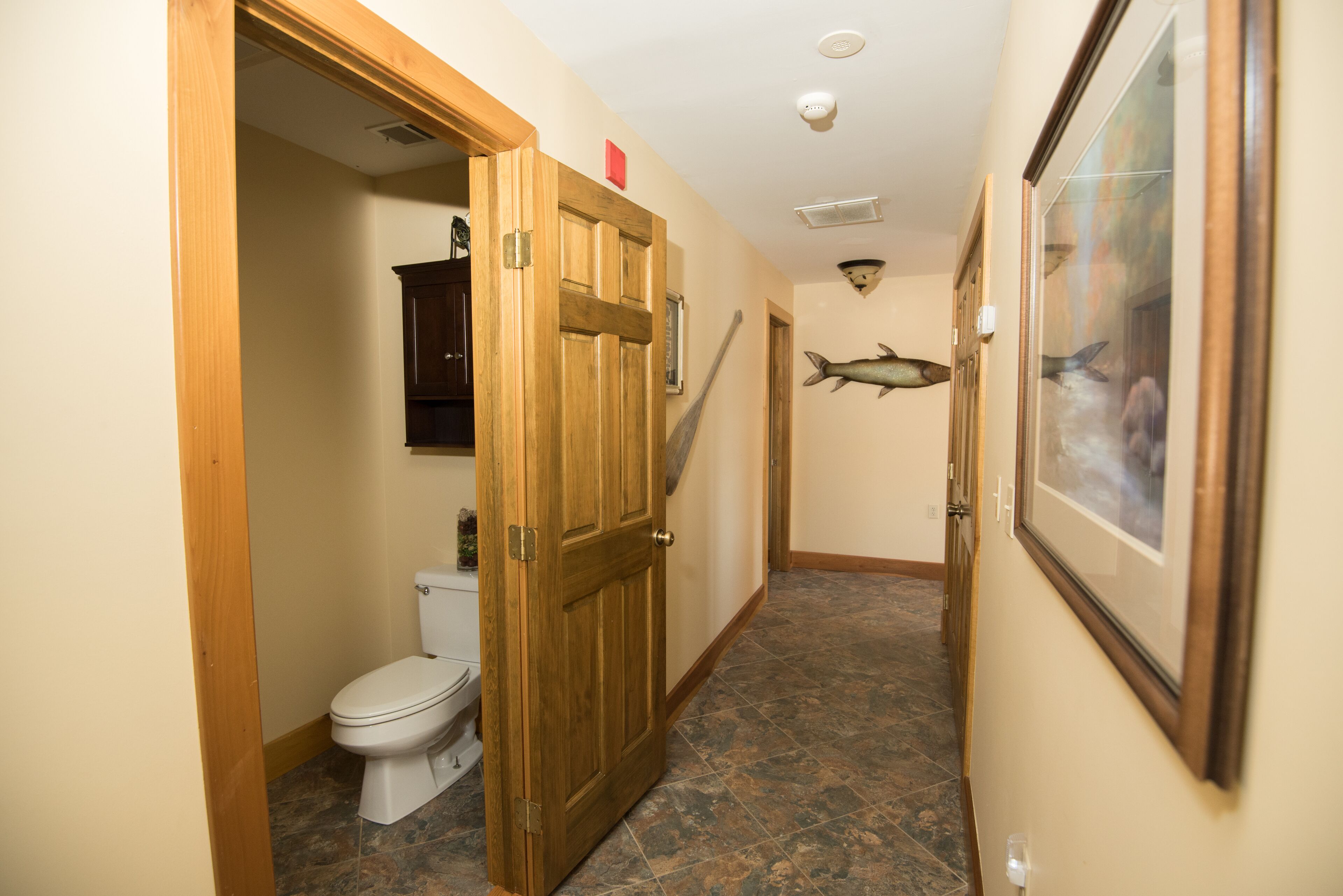 Un couloir avec une porte en bois, des toilettes blanches, un décor mural représentant des poissons et un tableau encadré accroché au mur.