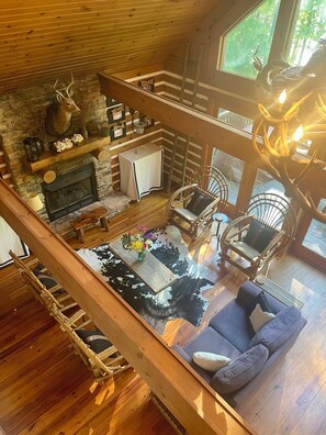 Smart TV, fireplace, books