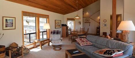 Télévision, cheminée, lecteur de DVD, chaîne hi-fi