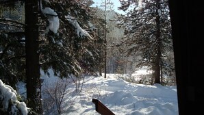 A snowy forest scene with a wooden bench and a wooden railing.