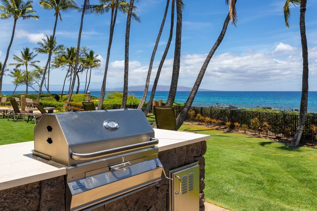 A grill with a stone base, a view of the ocean, and palm trees.